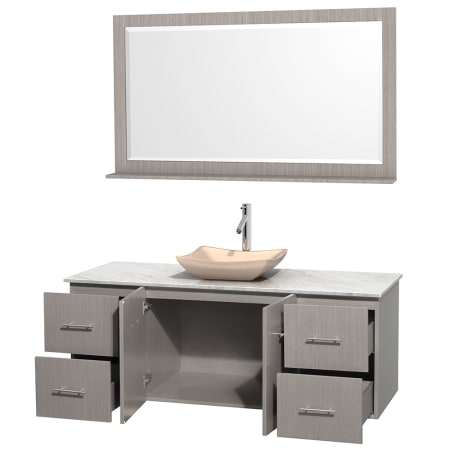 Open Vanity View with White Carrera Marble Top, Vessel Sink, and 58" Mirror