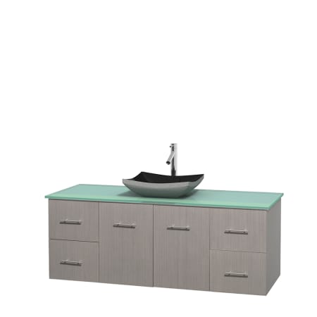 Full Vanity View with Green Glass Top and Vessel Sink