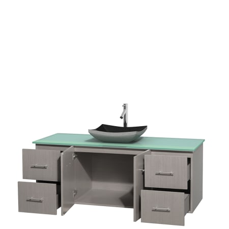 Open Vanity View with Green Glass Top and Vessel Sink