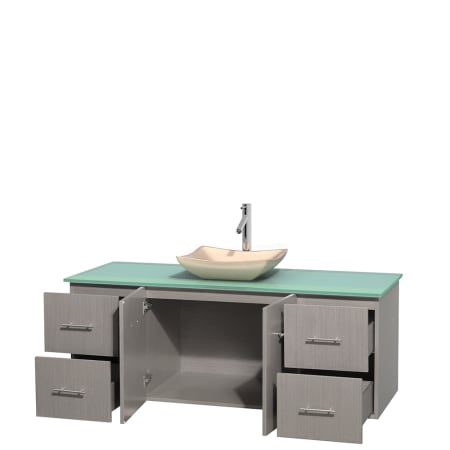 Open Vanity View with Green Glass Top and Vessel Sink