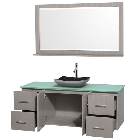 Open Vanity View with Green Glass Top, Vessel Sink, and 58" Mirror