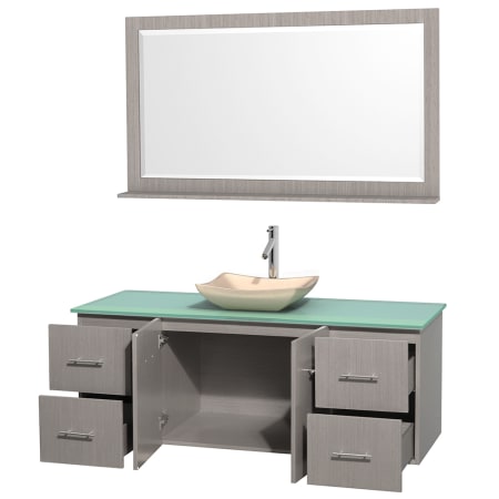 Open Vanity View with Green Glass Top, Vessel Sink, and 58" Mirror