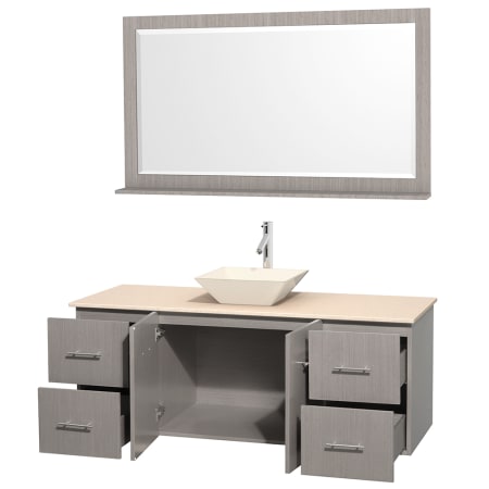 Open Vanity View with Ivory Marble Top, Vessel Sink, and 58" Mirror