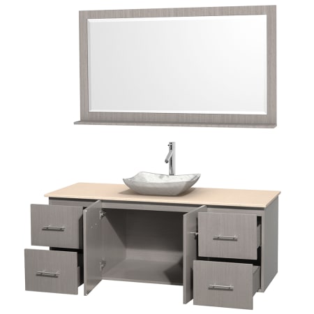 Open Vanity View with Ivory Marble Top, Vessel Sink, and 58" Mirror