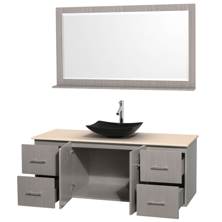 Open Vanity View with Ivory Marble Top, Vessel Sink, and 58" Mirror