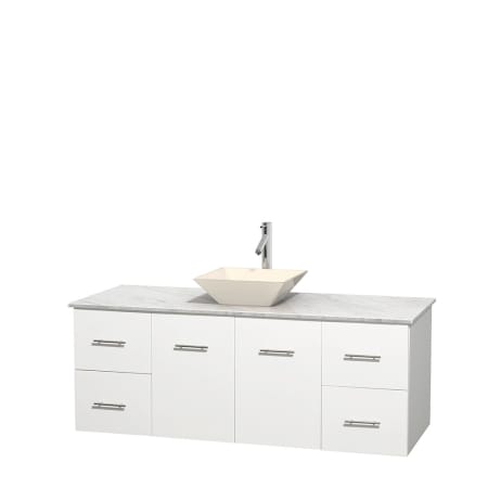 Full Vanity View with White Carrera Marble Top and Vessel Sink