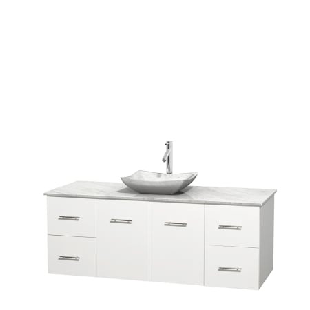 Full Vanity View with White Carrera Marble Top and Vessel Sink