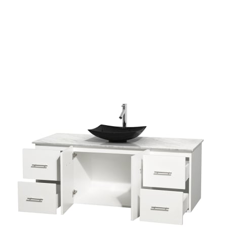 Open Vanity View with White Carrera Marble Top and Vessel Sink