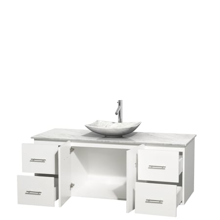 Open Vanity View with White Carrera Marble Top and Vessel Sink