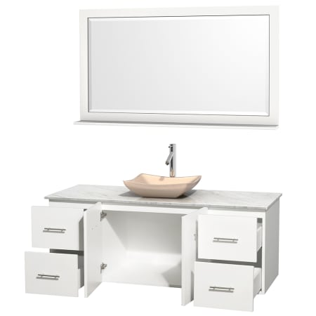 Open Vanity View with White Carrera Marble Top, Vessel Sink, and 58" Mirror