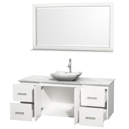 Open Vanity View with White Carrera Marble Top, Vessel Sink, and 58" Mirror