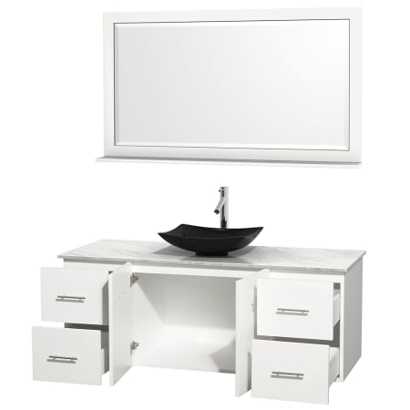 Open Vanity View with White Carrera Marble Top, Vessel Sink, and 58" Mirror