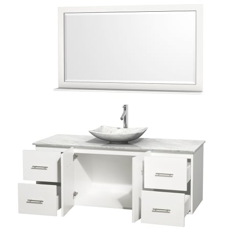 Open Vanity View with White Carrera Marble Top, Vessel Sink, and 58" Mirror