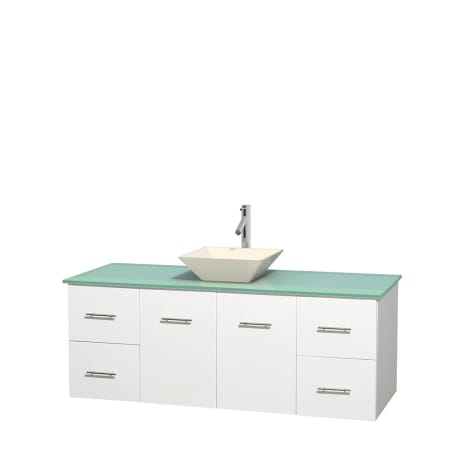 Full Vanity View with Green Glass Top and Vessel Sink