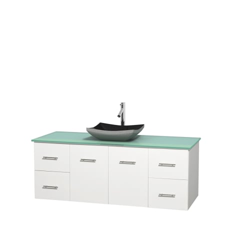 Full Vanity View with Green Glass Top and Vessel Sink