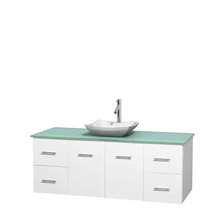 Full Vanity View with Green Glass Top and Vessel Sink