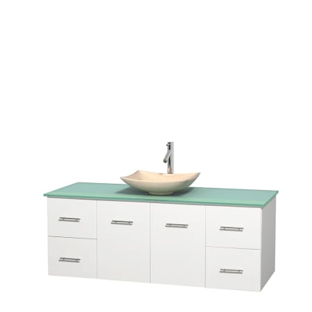 Full Vanity View with Green Glass Top and Vessel Sink