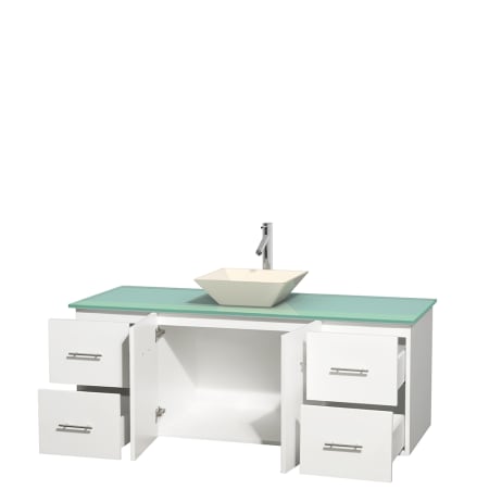 Open Vanity View with Green Glass Top and Vessel Sink