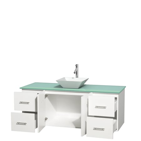 Open Vanity View with Green Glass Top and Vessel Sink