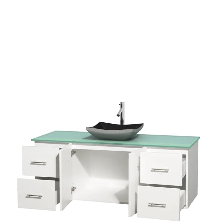 Open Vanity View with Green Glass Top and Vessel Sink