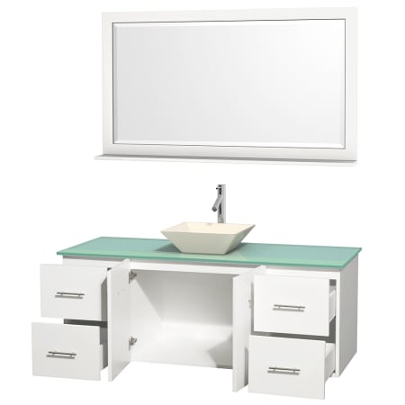 Open Vanity View with Green Glass Top, Vessel Sink, and 58" Mirror