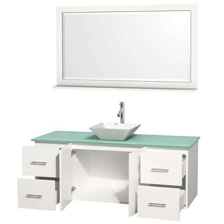 Open Vanity View with Green Glass Top, Vessel Sink, and 58" Mirror