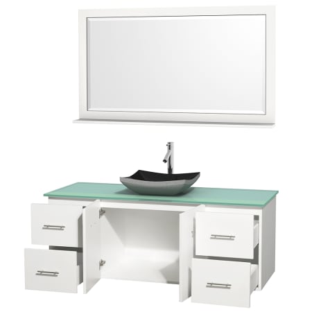 Open Vanity View with Green Glass Top, Vessel Sink, and 58" Mirror