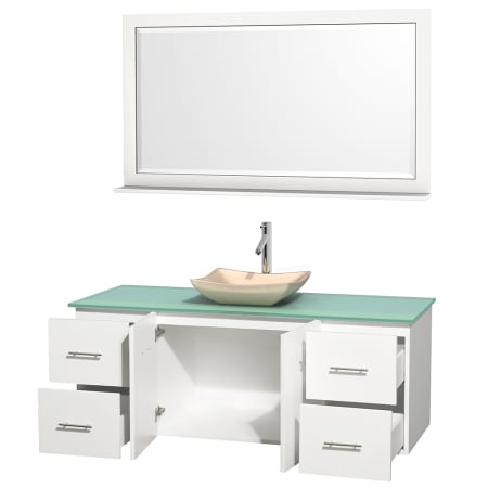 Open Vanity View with Green Glass Top, Vessel Sink, and 58" Mirror