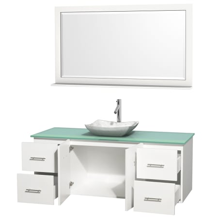 Open Vanity View with Green Glass Top, Vessel Sink, and 58" Mirror