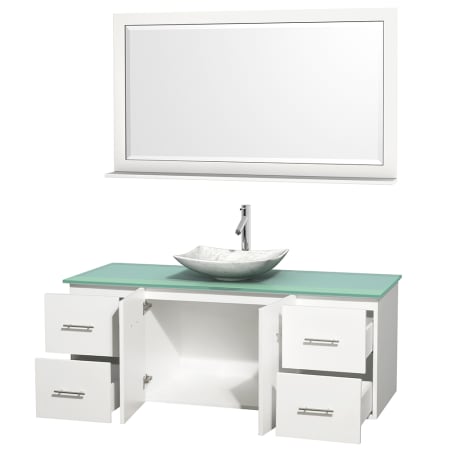 Open Vanity View with Green Glass Top, Vessel Sink, and 58" Mirror