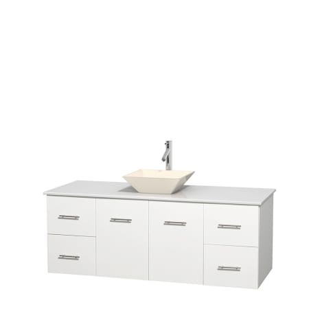 Full Vanity View with White Stone Top and Vessel Sink