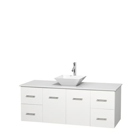 Full Vanity View with White Stone Top and Vessel Sink