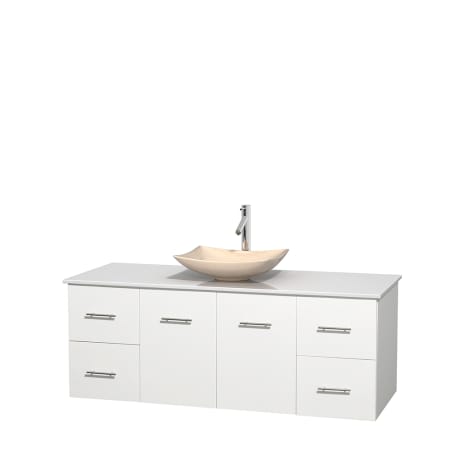 Full Vanity View with White Stone Top and Vessel Sink