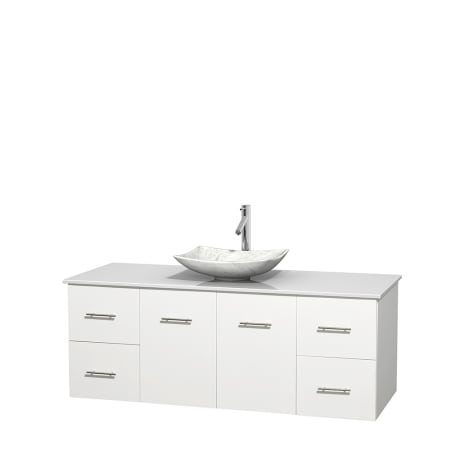 Full Vanity View with White Stone Top and Vessel Sink