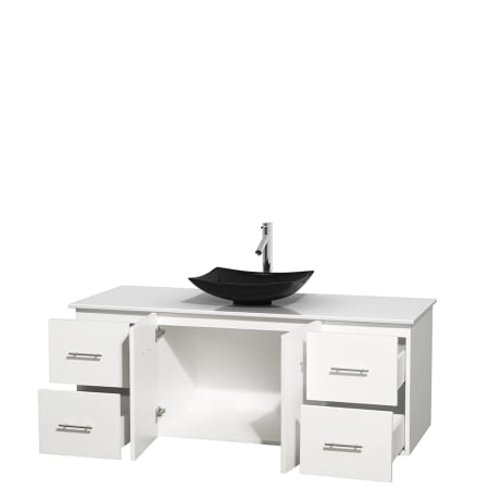 Open Vanity View with White Stone Top and Vessel Sink