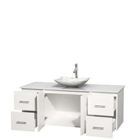 Open Vanity View with White Stone Top and Vessel Sink