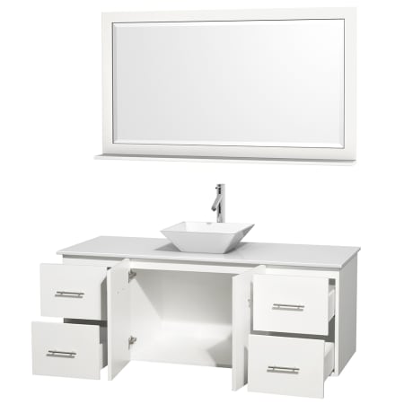 Open Vanity View with White Stone Top, Vessel Sink, and 58" Mirror