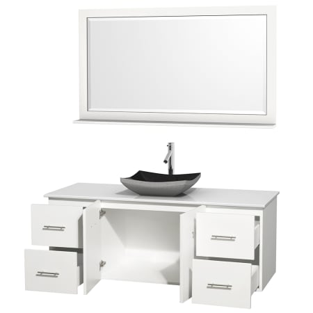 Open Vanity View with White Stone Top, Vessel Sink, and 58" Mirror