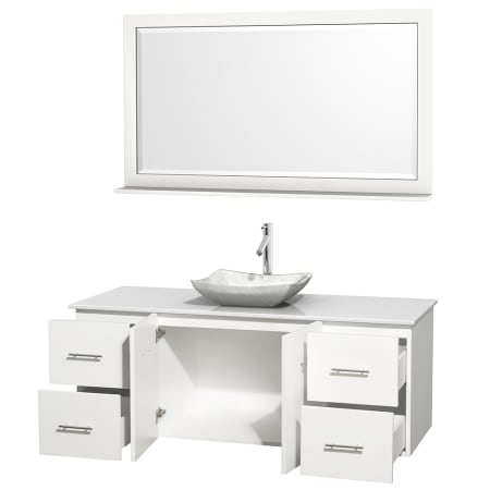 Open Vanity View with White Stone Top, Vessel Sink, and 58" Mirror