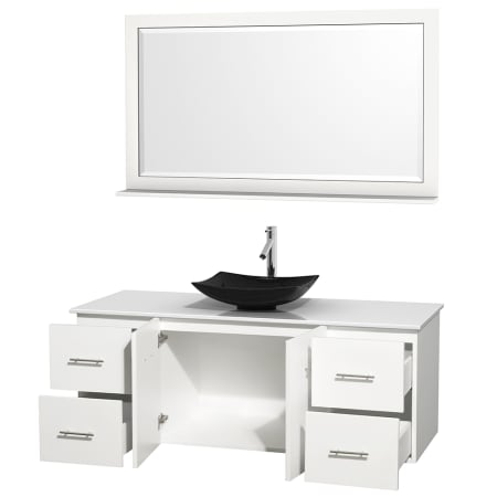 Open Vanity View with White Stone Top, Vessel Sink, and 58" Mirror