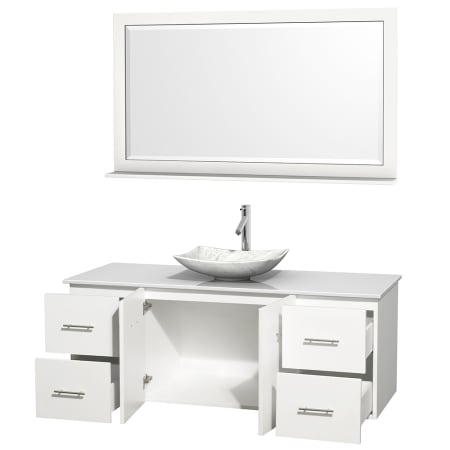 Open Vanity View with White Stone Top, Vessel Sink, and 58" Mirror