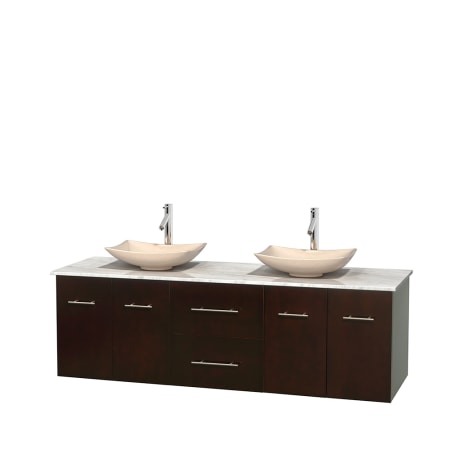 Full Vanity View with White Carrera Marble Top and Vessel Sinks