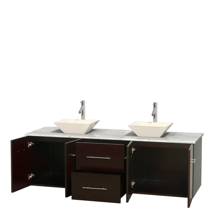 Open Vanity View with White Carrera Marble Top and Vessel Sinks