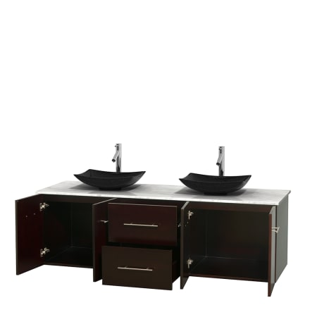 Open Vanity View with White Carrera Marble Top and Vessel Sinks