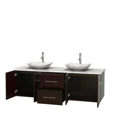 Open Vanity View with White Carrera Marble Top and Vessel Sinks