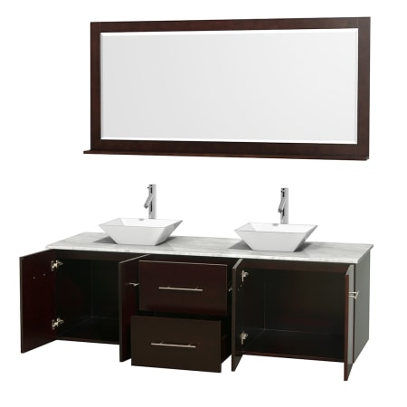 Open Vanity View with White Carrera Marble Top, Vessel Sinks, and 70" Mirror