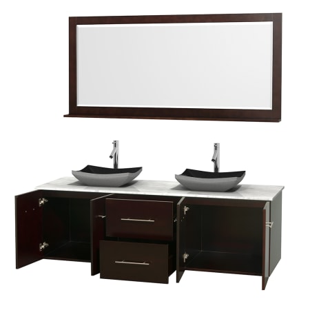 Open Vanity View with White Carrera Marble Top, Vessel Sinks, and 70" Mirror