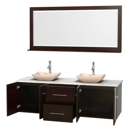 Open Vanity View with White Carrera Marble Top, Vessel Sinks, and 70" Mirror