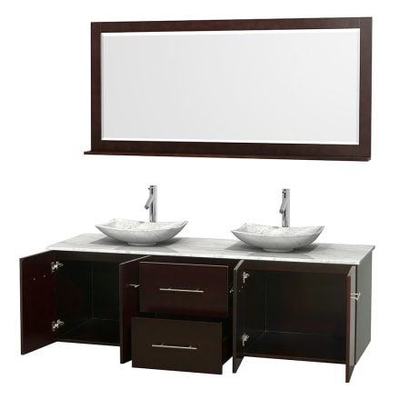 Open Vanity View with White Carrera Marble Top, Vessel Sinks, and 70" Mirror