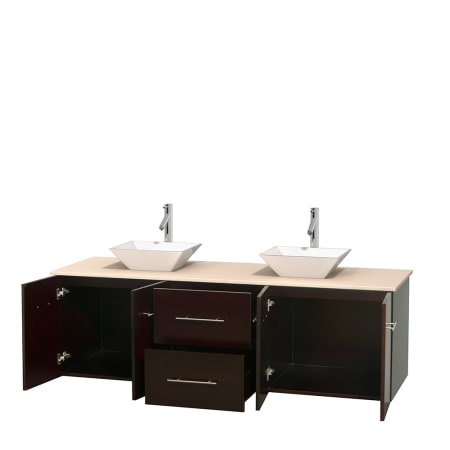 Open Vanity View with Ivory Marble Top and Vessel Sinks